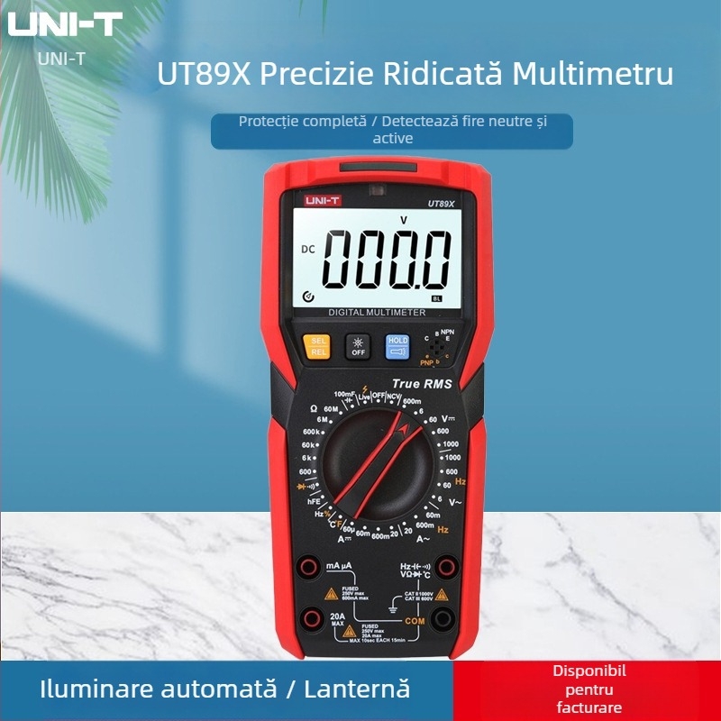 UT89X multimetru digital de înaltă precizie; manual, pentru uz profesional; tensiune DC/AC 0,1 mV–1000 V; curent DC/AC până la 20 A; capacitate 1 pF–100 mF; păstrarea datelor, reglaj automat