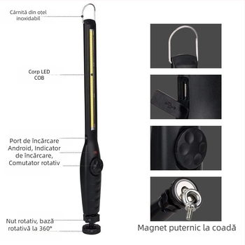 Lumină de lucru portabilă cu rotație la 360°, design pliabil, încărcare USB, COB LED.