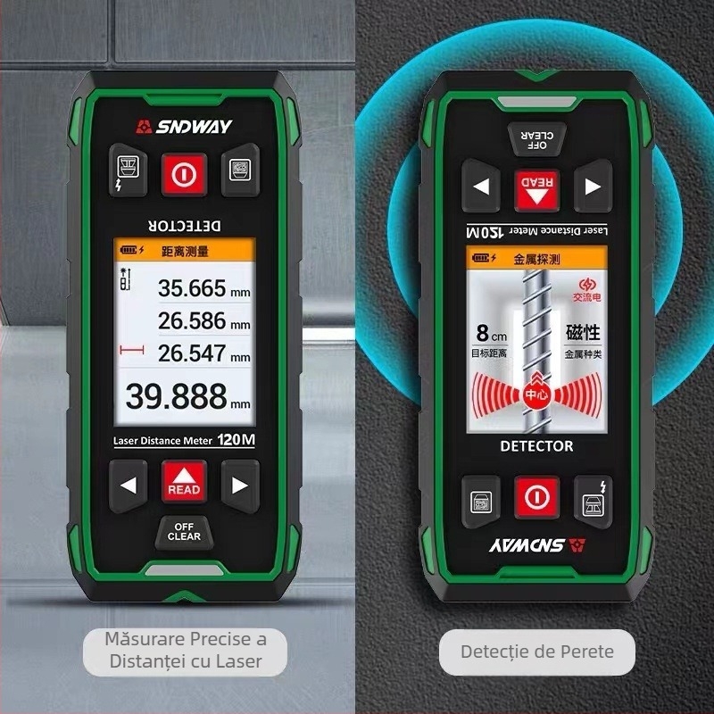 Detector de pereți Deep Dawei pentru armături, metale și cabluri ascunse în beton, cu laser pentru măsurarea distanței; greutate 500 g