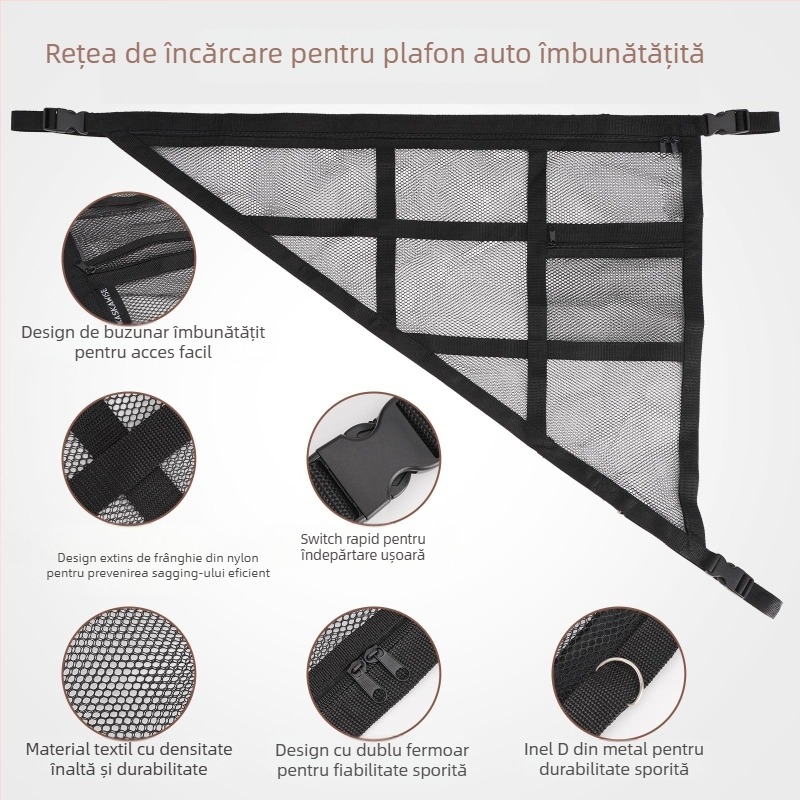 Plasă de depozitare pentru plafonul interior al mașinii, dublu strat, personalizabilă cu opțiune de etichetare privată; potrivită pentru călătorii și utilizare în ateliere, depozite, aeroporturi