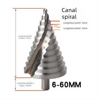 Bit de gaurire în trepte cu caneluri spiralate, stil pagodă, model 4241, mandrină triunghiulară, HSS, lungime totală 110 mm, unghiul vârfului 86°