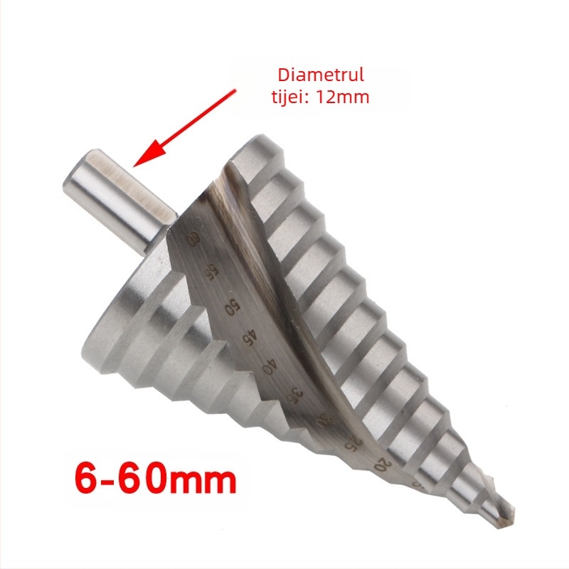 Bit de gaurire în trepte cu caneluri spiralate, stil pagodă, model 4241, mandrină triunghiulară, HSS, lungime totală 110 mm, unghiul vârfului 86°