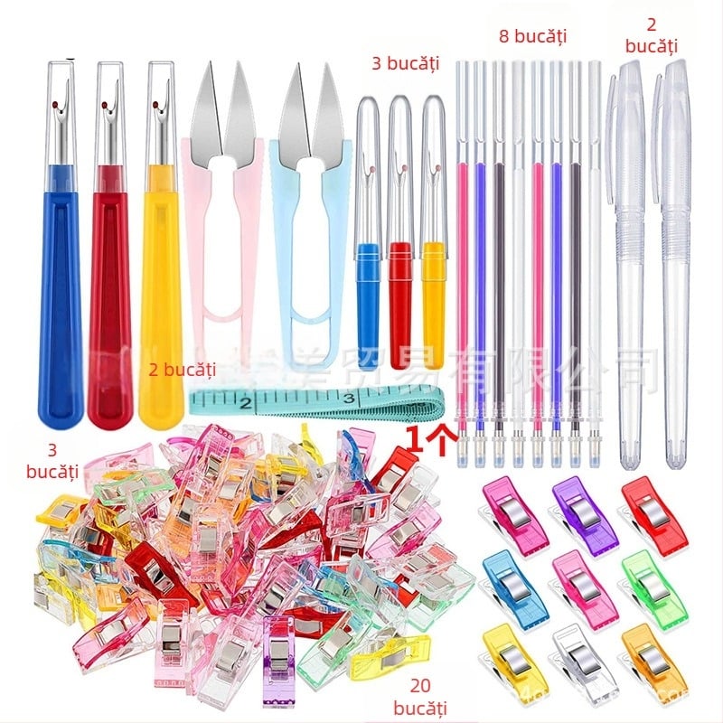 Set de unelte pentru cusut: cuțit pentru detașarea firelor, reîncărcare la temperatură înaltă, foarfece în formă de U, clips plastic pentru margine, bandă de măsurat