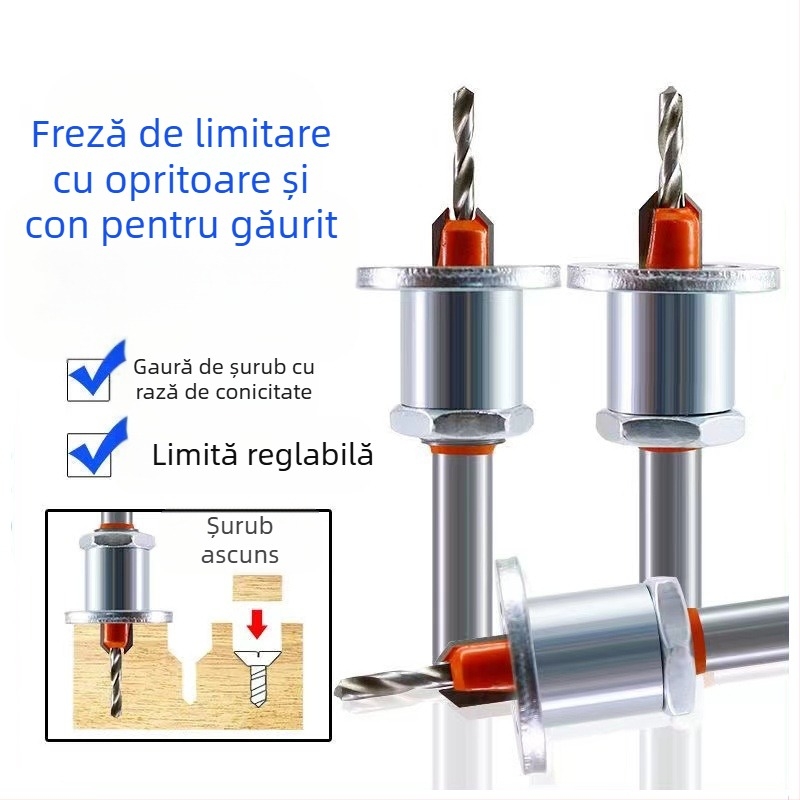 Burghiu din aliaj pentru lemn, cu trepte, gaură conică și cap încasat pentru șuruburi