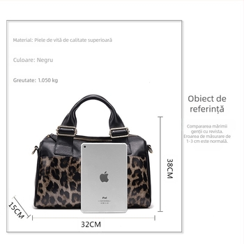 Geantă de damă din piele naturală, imprimeu leopard, stil Boston, formă orizontală pătrată, căptușeală din poliester, pentru uz zilnic
