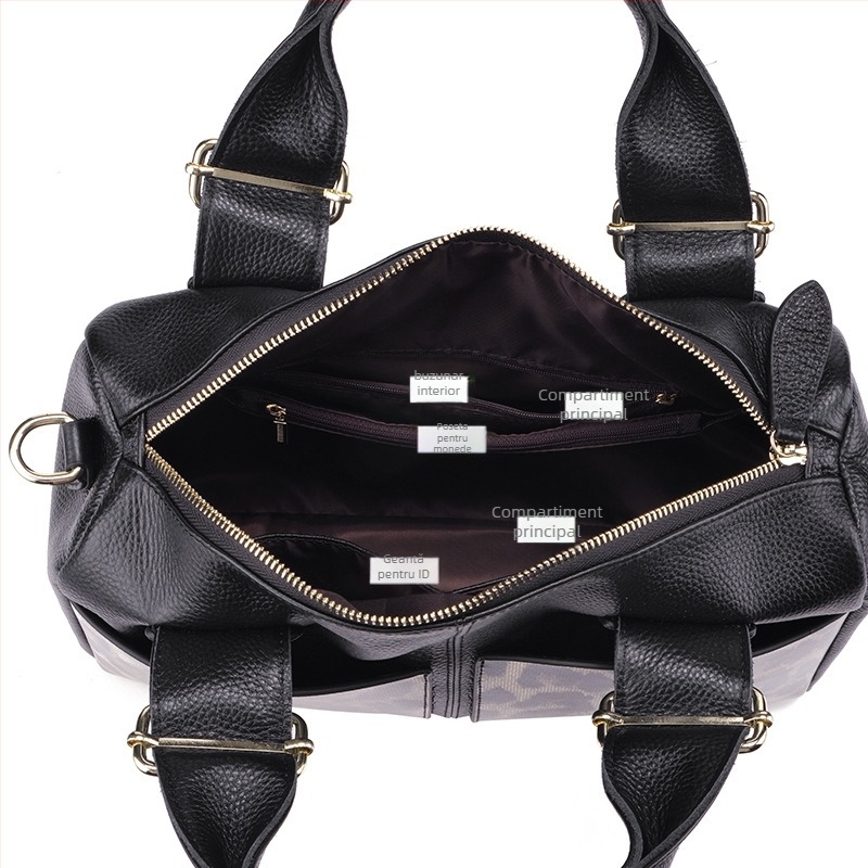 Geantă de damă din piele naturală, imprimeu leopard, stil Boston, formă orizontală pătrată, căptușeală din poliester, pentru uz zilnic