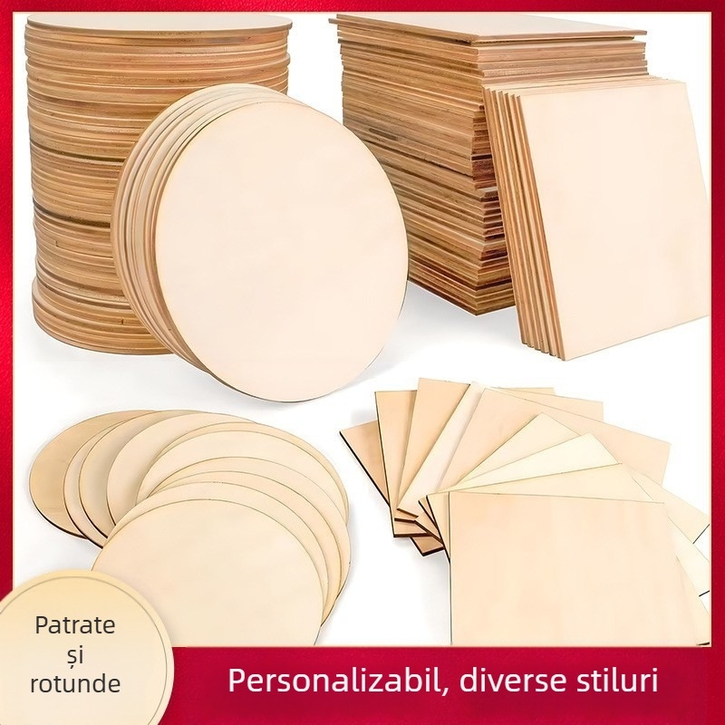 Ornament din lemn de mahon — felii rotunde și pătrate de lemn, pictură manuală și pyrogravură, personalizabil