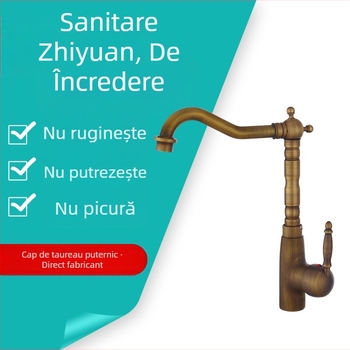 Robinet de baie din cupru, stil european antic, cu robinet rotativ, pentru chiuvetă de pe blat și sub blat (Material: cupru; Funcție: amestec; Montaj: pe blat / sub blat; Diametru intrare/ieșire: 6; Diametru scaun valve: 5)