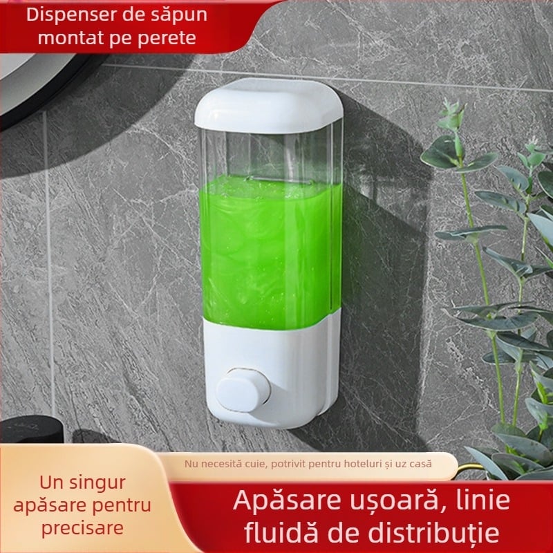 Dispenser de săpun montat pe perete, fără găuri, stil hotelier, acționare prin apăsare, GPPS, 500 ml, 200 g