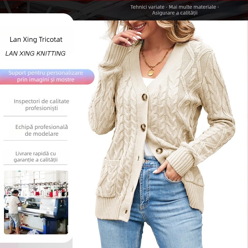 Cardigan tricotat jacquard brodat cu decolteu în V, croială slim, amestec bumbac-poliester-acril, căptușeală din acrilic