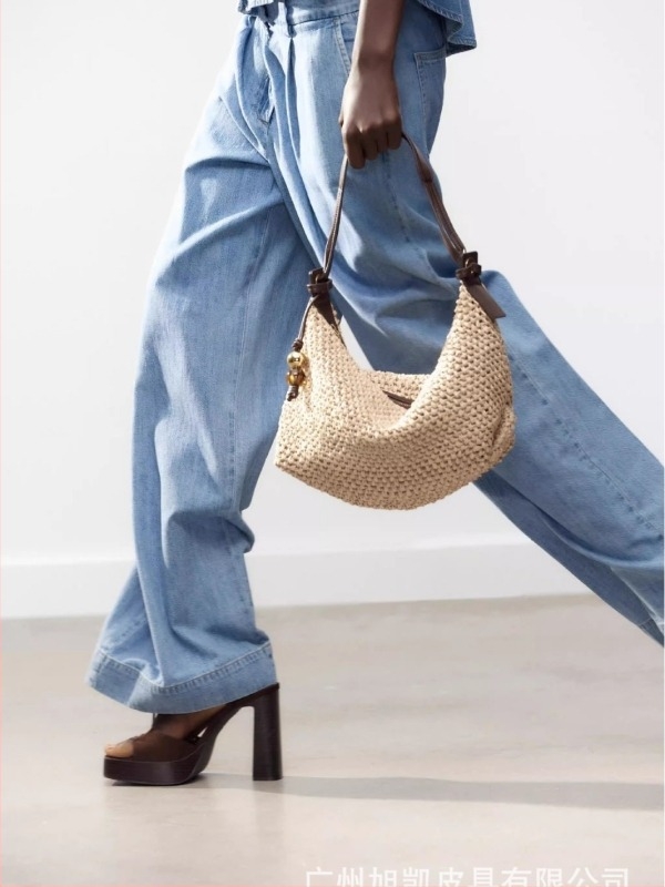 Geantă tote din pai – stil stradal, design subraț, formă orizontal pătrată, fermoar