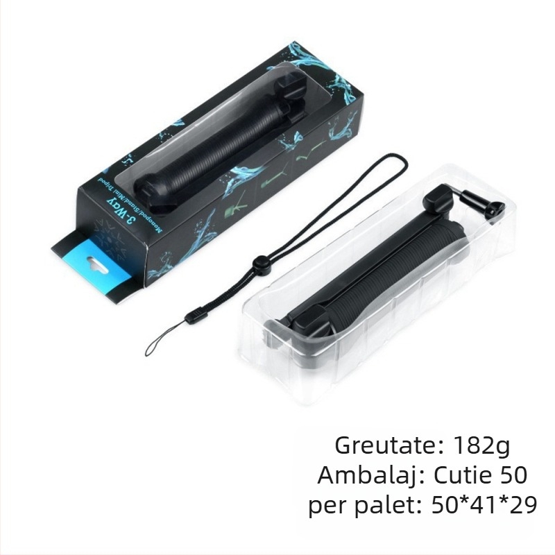 GOPRO selfie stick pliabil în trei pentru seria GoPro Hero, material PC, atingere moale, Hongli