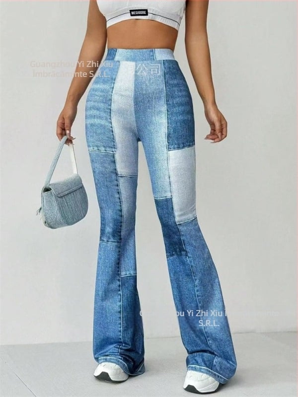 Pantaloni dama vintage în stil denim, talie înaltă, croială ușor evazată, cusături bicolor, din poliester