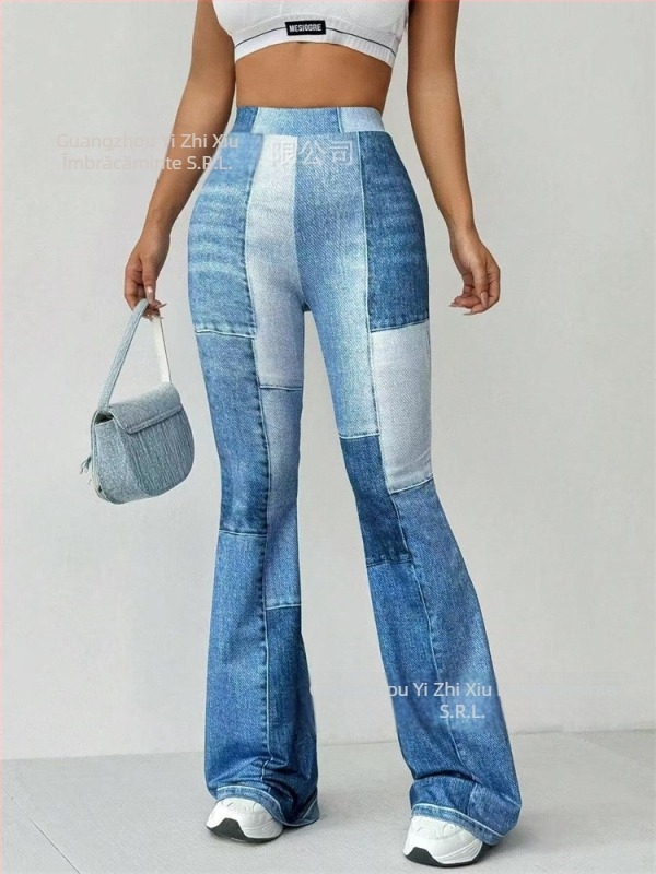 Pantaloni dama vintage în stil denim, talie înaltă, croială ușor evazată, cusături bicolor, din poliester