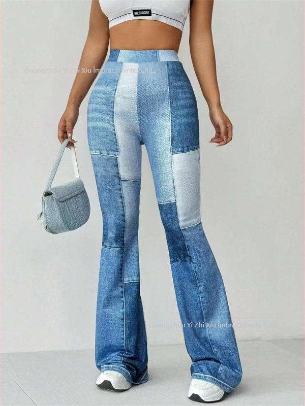 Pantaloni dama vintage în stil denim, talie înaltă, croială ușor evazată, cusături bicolor, din poliester