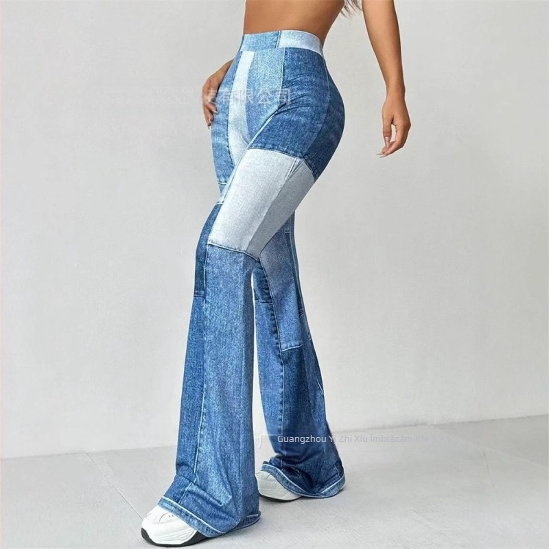 Pantaloni dama vintage în stil denim, talie înaltă, croială ușor evazată, cusături bicolor, din poliester