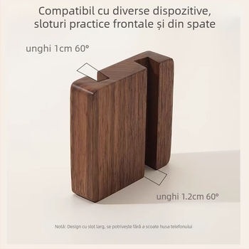 Suport pentru telefon mobil din lemn de nuc și fag, bază din lemn masiv, gravură logo, stil modern minimalist