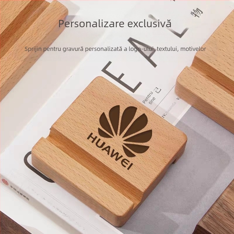 Suport pentru telefon mobil din lemn de nuc și fag, bază din lemn masiv, gravură logo, stil modern minimalist