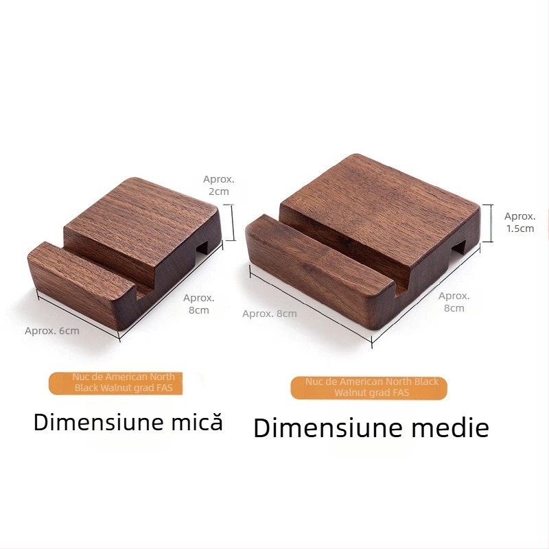 Suport pentru telefon mobil din lemn de nuc și fag, bază din lemn masiv, gravură logo, stil modern minimalist
