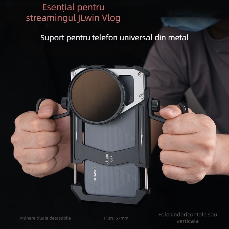 Cage universal pentru telefon cu mâner dublu, pentru filmare stabilă atât pe orizontală, cât și pe verticală, anti-cădere, compatibilă cu filtre, din aliaj de aluminiu
