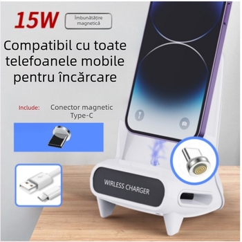 Suport de încărcare wireless pentru telefon, cu orientare orizontală — 15W încărcare rapidă (QC3.0), 5V/2A sau 9V/2A