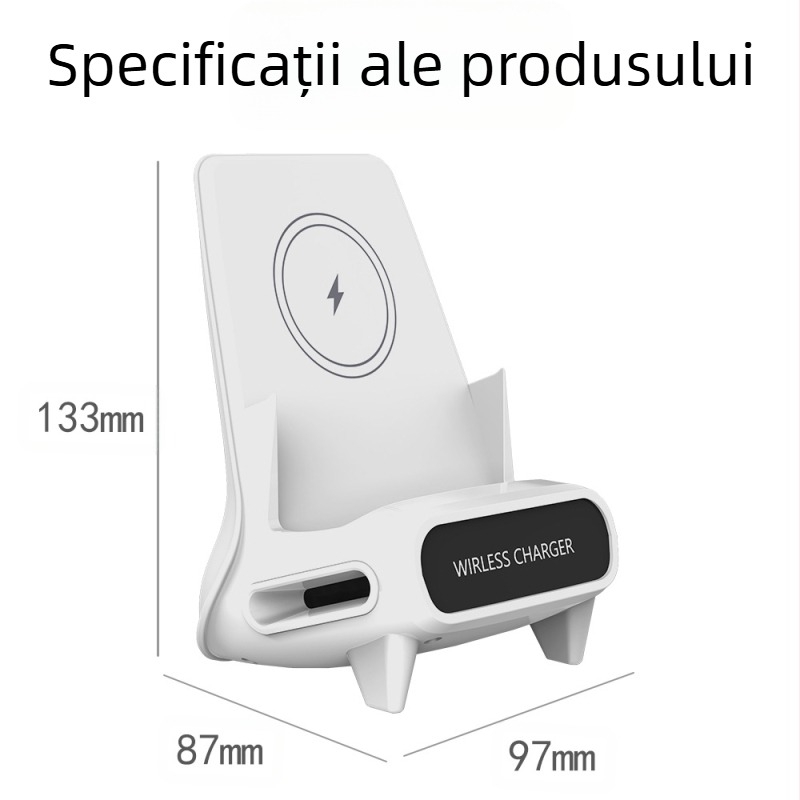 Suport de încărcare wireless pentru telefon, cu orientare orizontală — 15W încărcare rapidă (QC3.0), 5V/2A sau 9V/2A