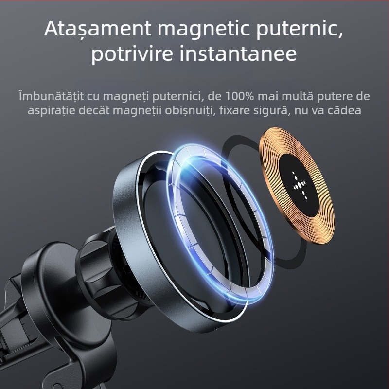 Încărcător wireless magnetic pentru mașină cu suport în ventilație, rotire la 360°, 15W încărcare rapidă pentru iPhone