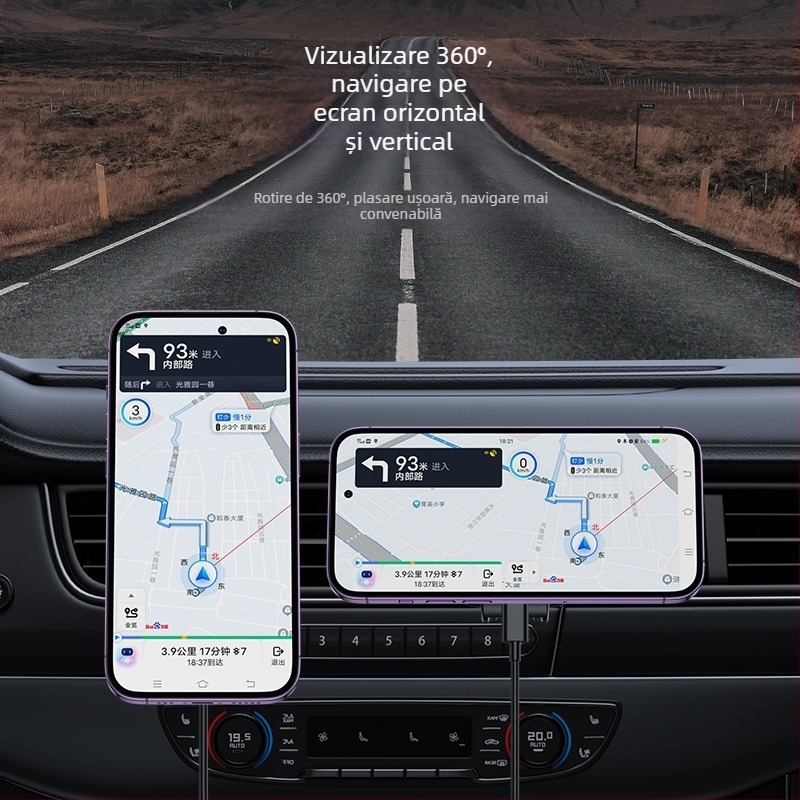 Încărcător wireless magnetic pentru mașină cu suport în ventilație, rotire la 360°, 15W încărcare rapidă pentru iPhone