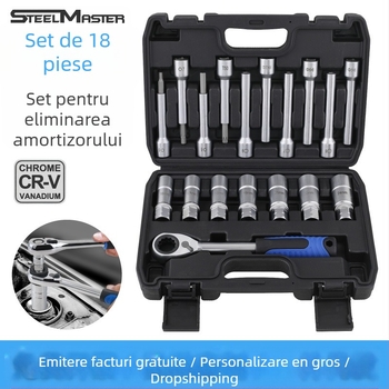 Set de 18 piese pentru amortizoare, din oțel crom-vanadiu, finisaj electroplatinat, include chei cu soclu și unelte de demontare