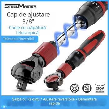 Hi-Spec cheie cu cap reglabil și capăt telescopic, cap pătrat de 3/8 in, oțel crom-vanadiu, finisaj negru, format Imperial, calitate industrială