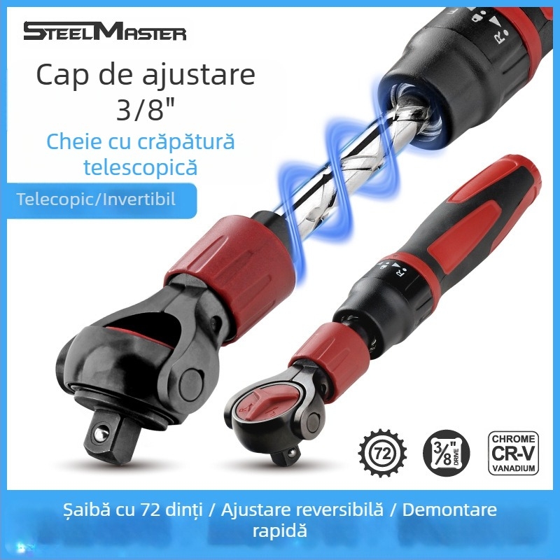 Hi-Spec cheie cu cap reglabil și capăt telescopic, cap pătrat de 3/8 in, oțel crom-vanadiu, finisaj negru, format Imperial, calitate industrială