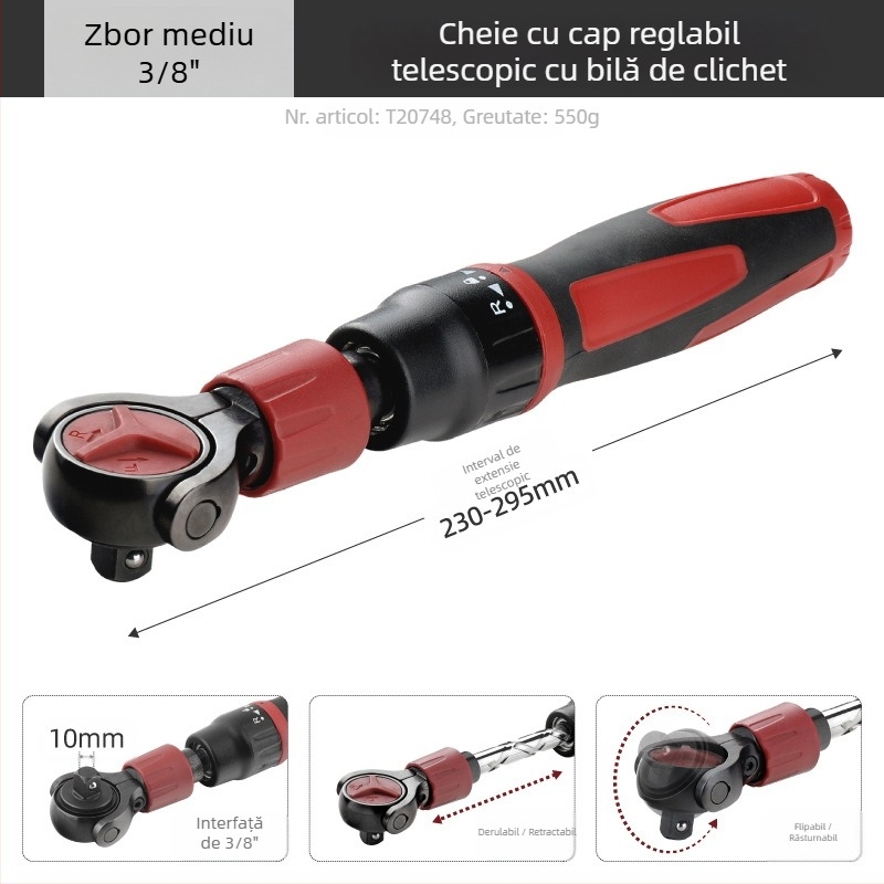 Hi-Spec cheie cu cap reglabil și capăt telescopic, cap pătrat de 3/8 in, oțel crom-vanadiu, finisaj negru, format Imperial, calitate industrială