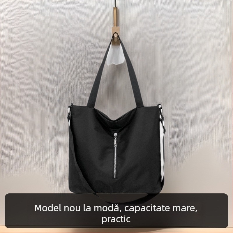 Geantă de voiaj din nailon, tip tote, cu fermoar, formă orizontală pătrată, căptușeală din poliester, trei curele de umăr