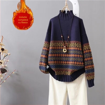 Cardigan tricotat din poliester, croială lejeră, mâneci lungi, guler semi-înalt, lungime 50–65 cm, stil urban toamnă-iarnă