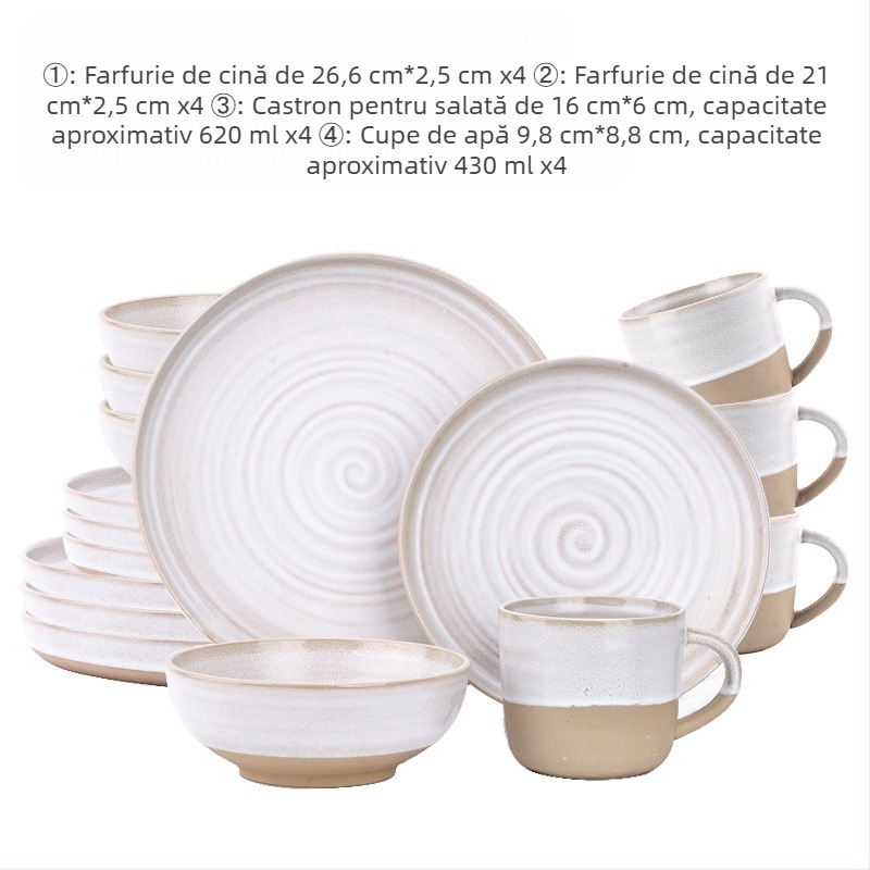 Set de 16 piese din ceramică tip stoneware, finisaj mat, stil pastoral, farfurii, boluri și căni cu design nervurat