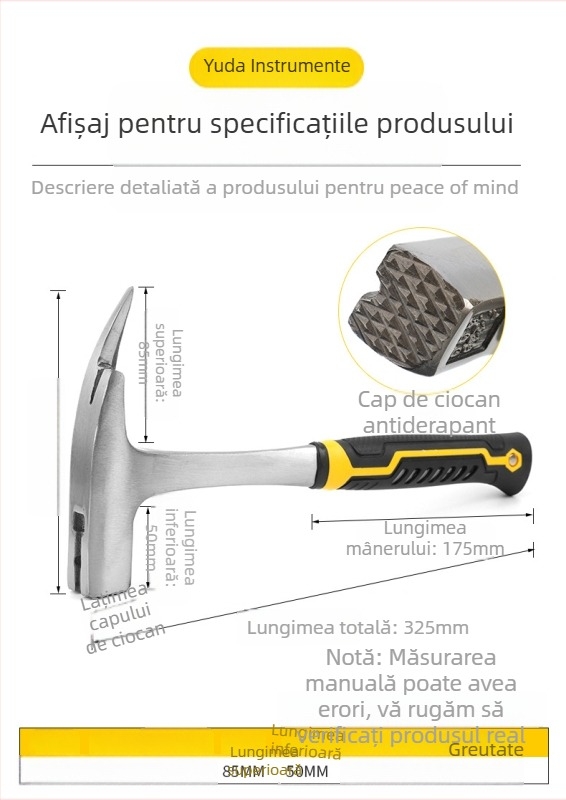 Ciocan de mână cu cap din oțel 45, mâner din plastic, lungime 325 mm, pentru explorări geologice.