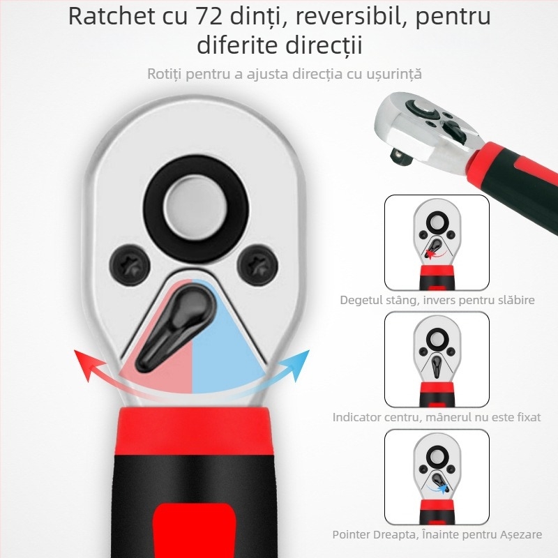 Cheie cu soclu, cu direcții duble, 72 dinți, cu cuplu înalt, mâner mic (Brand: Hi character ma; Material: oțel crom-vanadiu; Suprafață: cromare; Tip: cheie cu soclu)