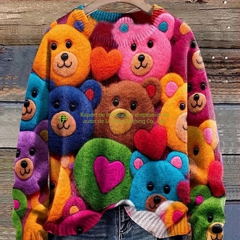 Pulover tricotat damă cu imprimeu all-over, guler rotund, primăvara 2025