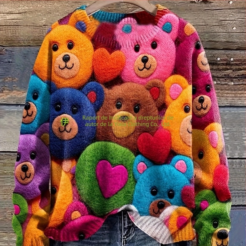 Pulover tricotat damă cu imprimeu all-over, guler rotund, primăvara 2025