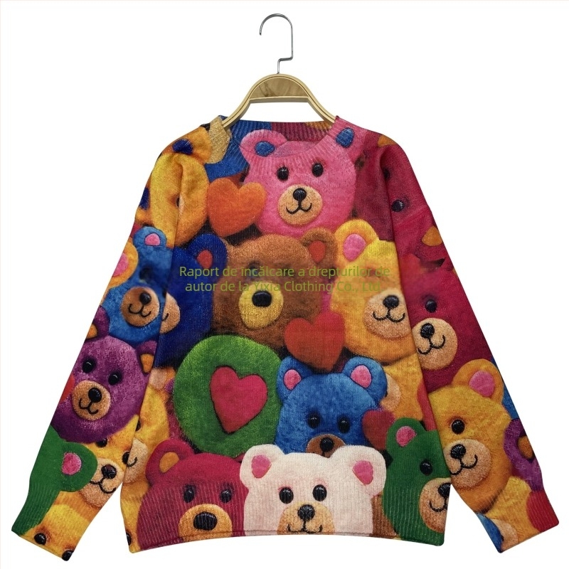 Pulover tricotat damă cu imprimeu all-over, guler rotund, primăvara 2025