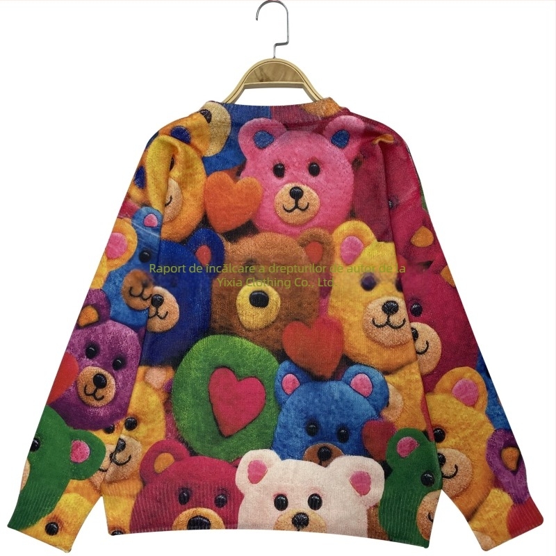 Pulover tricotat damă cu imprimeu all-over, guler rotund, primăvara 2025