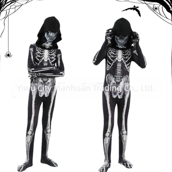 Costum pentru copii de Halloween cu glugă și imprimeu schelet – costum de scenă pentru dans, material Milk Silk, 90–95% poliester, pentru copii 3–8 ani, primăvara 2025