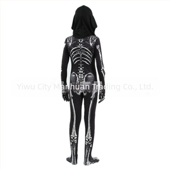 Costum pentru copii de Halloween cu glugă și imprimeu schelet – costum de scenă pentru dans, material Milk Silk, 90–95% poliester, pentru copii 3–8 ani, primăvara 2025