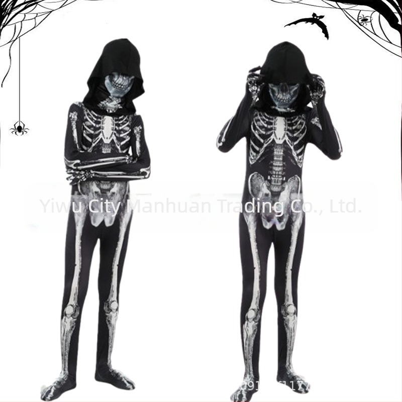 Costum pentru copii de Halloween cu glugă și imprimeu schelet – costum de scenă pentru dans, material Milk Silk, 90–95% poliester, pentru copii 3–8 ani, primăvara 2025