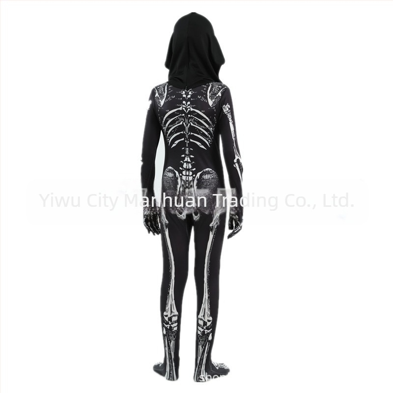 Costum pentru copii de Halloween cu glugă și imprimeu schelet – costum de scenă pentru dans, material Milk Silk, 90–95% poliester, pentru copii 3–8 ani, primăvara 2025