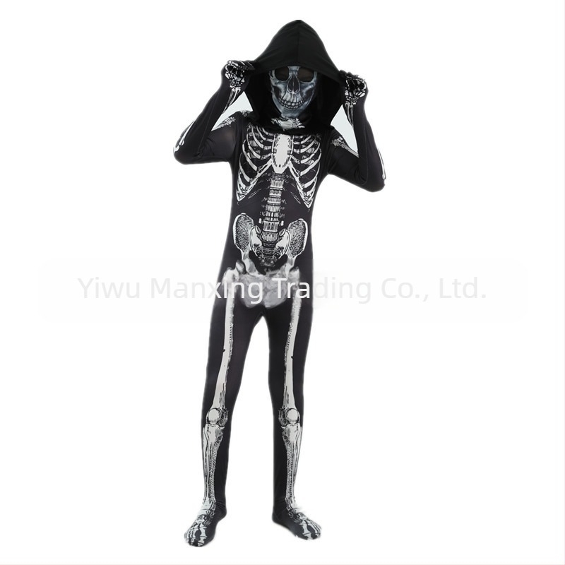 Costum pentru copii de Halloween cu glugă și imprimeu schelet – costum de scenă pentru dans, material Milk Silk, 90–95% poliester, pentru copii 3–8 ani, primăvara 2025