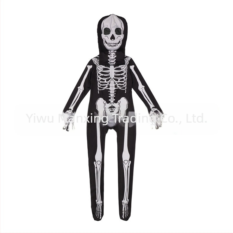 Costum pentru copii de Halloween cu glugă și imprimeu schelet – costum de scenă pentru dans, material Milk Silk, 90–95% poliester, pentru copii 3–8 ani, primăvara 2025