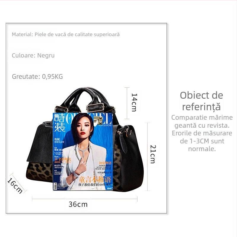 Geantă din piele genuină cu imprimeu leopard, stil Boston, exterior tridimensional, formă orizontală pătrată cu fermoar, buzunar interior pentru telefon mobil, lansare toamna 2024