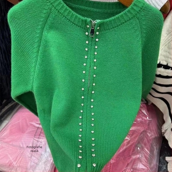 Cardigan damă cu fermoar, lungime scurtă, tricot poliester-acril, croială lejeră, mâneci lungi