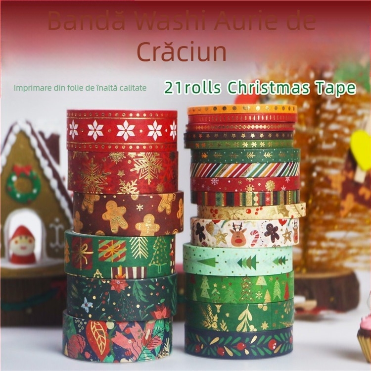 Bandă washi de Crăciun pentru jurnalizare, cu ștampilare DIY – bază de hârtie, 5 m lungime, pentru decorare